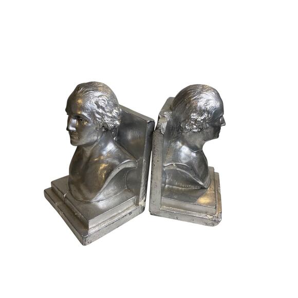 1960 Distressed Pair of Bookends Silver Bust of Washington Plaster Creepy - Picture 1 of 10